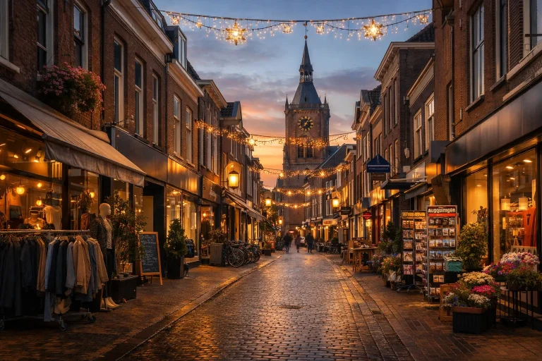 Winkelstraat in Tiel bij zonsondergang