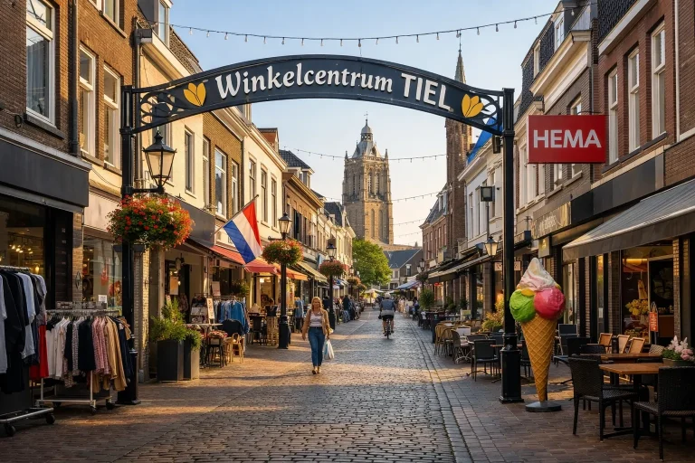 Winkelstraat in Tiel met winkels en terrasjes