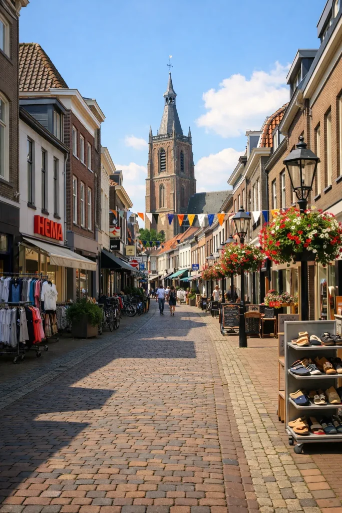 Winkelstraat in het centrum van Tiel met winkels en kerk op de achtergrond