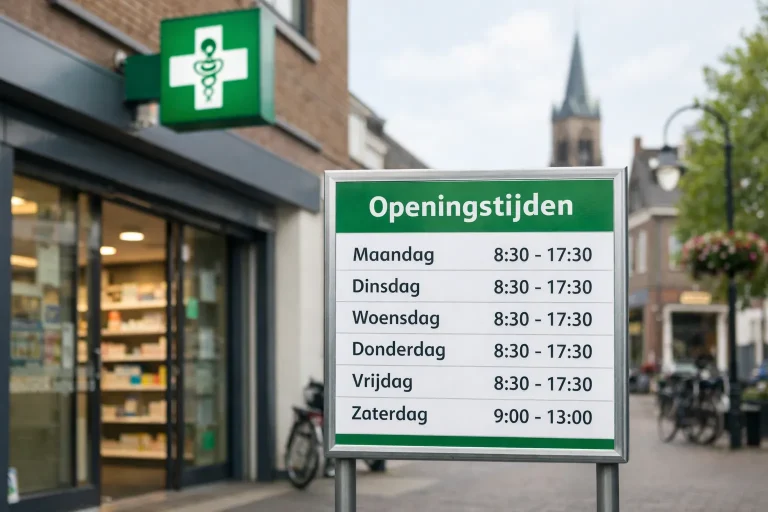 Apotheek in Tiel met bord openingstijden buiten