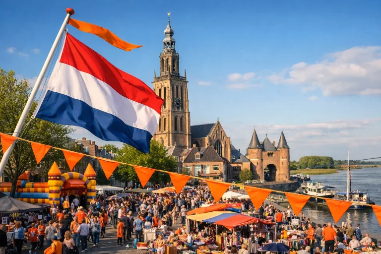 Drukke Koningsdag markt met vlaggen in Tiel