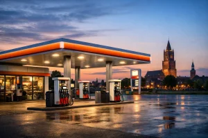 Verlicht tankstation in Tiel in de avond