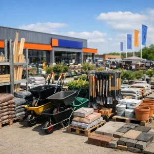 Bouwmarkt met tuin- en klusmaterialen buiten display