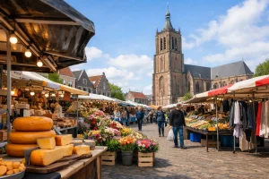 Drukke markt met kramen en kerk in Tiel