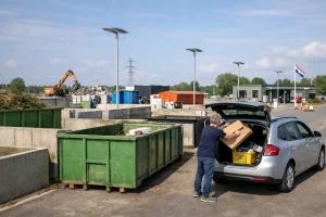 Man gooit karton in container bij milieustraat