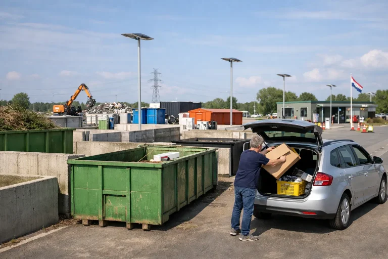 Man gooit karton in container bij milieustraat