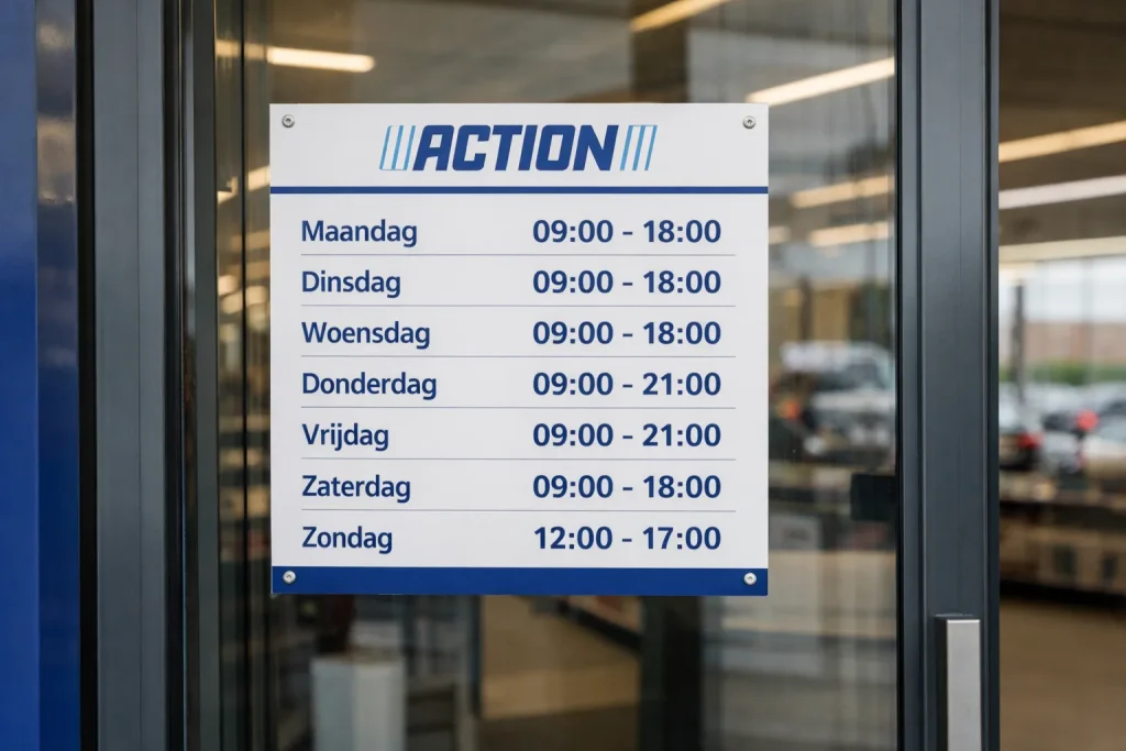 Bord met openingstijden van Action winkel in Tiel