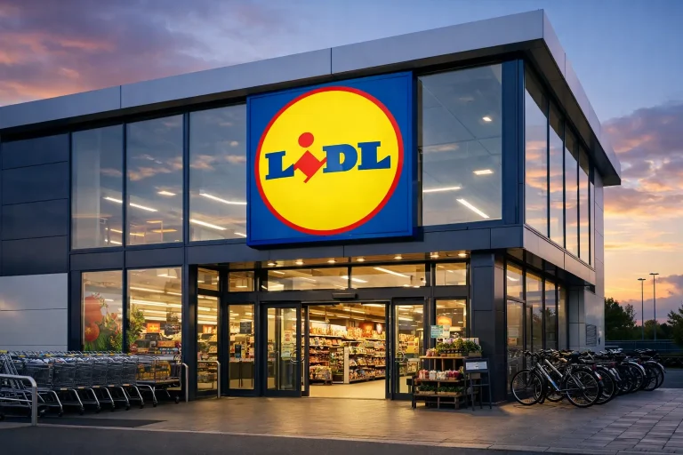 Lidl winkel met ingang bij zonsondergang