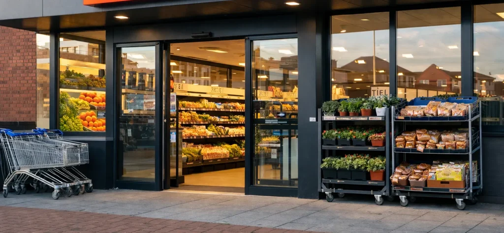 Ingang van Aldi winkel in Tiel met producten buiten