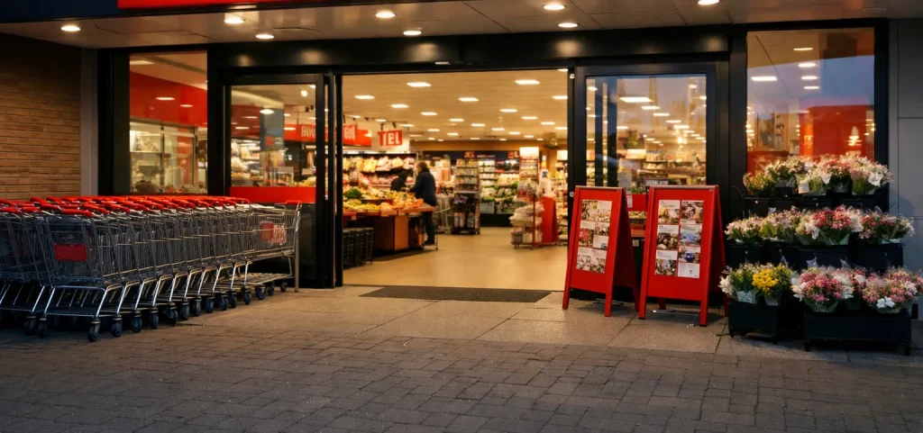 Ingang van Dirk van den Broek supermarkt in Tiel met winkelwagens en bloemen buiten