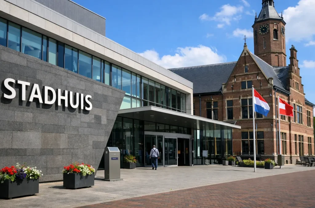 Moderne ingang van het stadhuis in Tiel