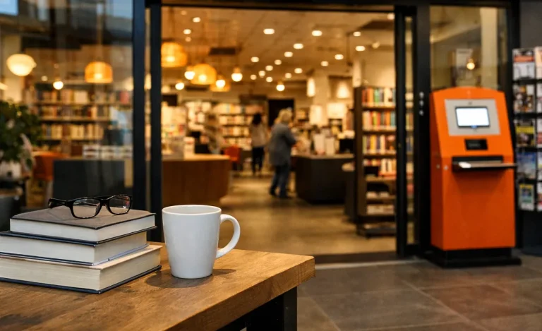 Ingang van moderne bibliotheek met boeken en leesruimte