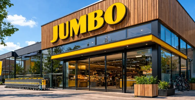 Ingang van Jumbo supermarkt in Tiel met openingstijdenbord