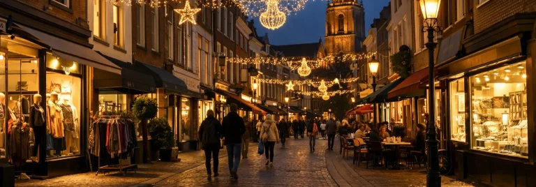 Verlichte winkelstraat in Tiel tijdens koopavond met shoppers
