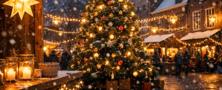 Verlichte kerstmarkt met grote kerstboom en sneeuw in Tiel